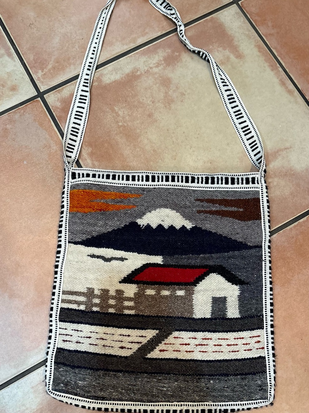 Handwoven Landscape Shoulder Bag with Red Roof Accent